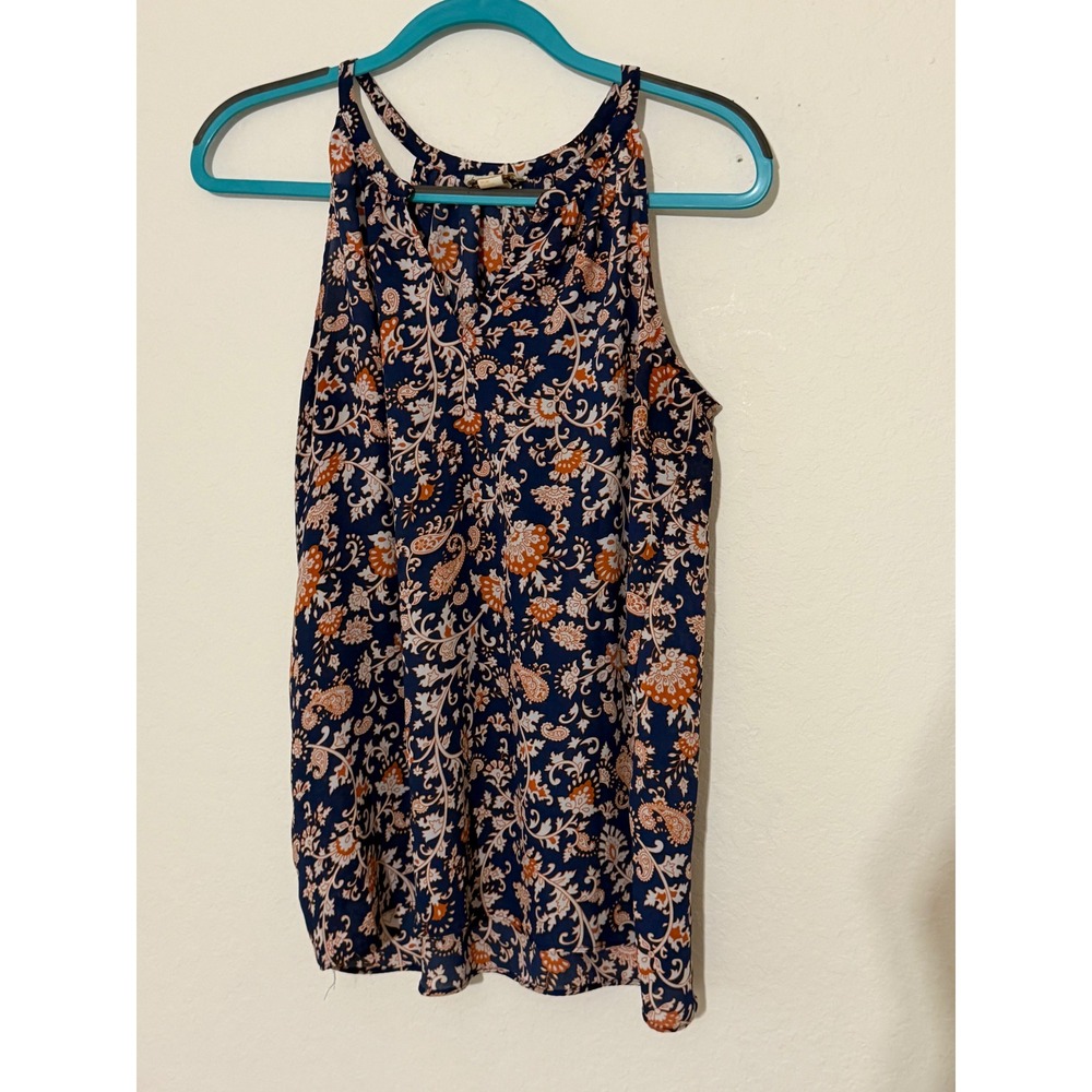 Lucy & Laurel Navy Orange Paisley Floral Sleeveless Halter Blouse Top Medium